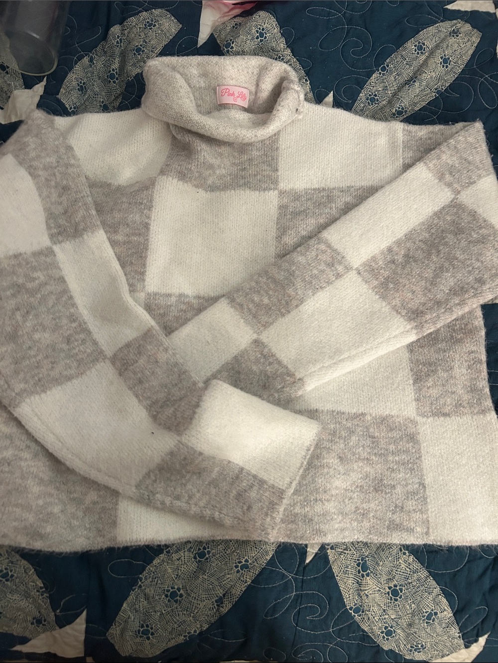 Pink Lily Cream & Taupe Check Cowl Neck Sweater